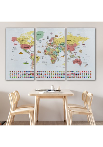 Türkçe Dünya Haritası Ayrıntılı Eğitici Sembollü Bayraklı Dekoratif Kanvas Tablo 2864 modelleri