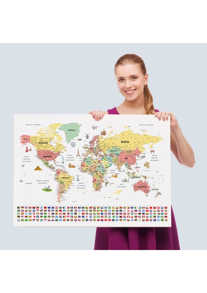 Türkçe Dünya Haritası Ayrıntılı Eğitici Sembollü Bayraklı Dekoratif Kanvas Tablo 2864 fırsatları