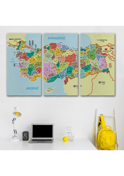Türkiye Haritası Kanvas Tablo Il ve Ilçeli Ayrıntılı Eğitici Komşulu Tablo 3012 modelleri