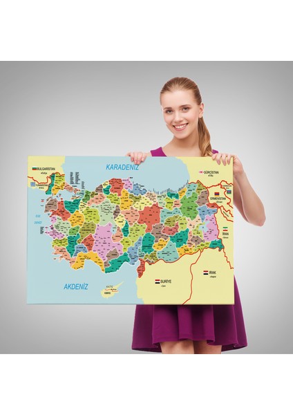 Türkiye Haritası Kanvas Tablo Il ve Ilçeli Ayrıntılı Eğitici Komşulu Tablo 3012 fırsatları