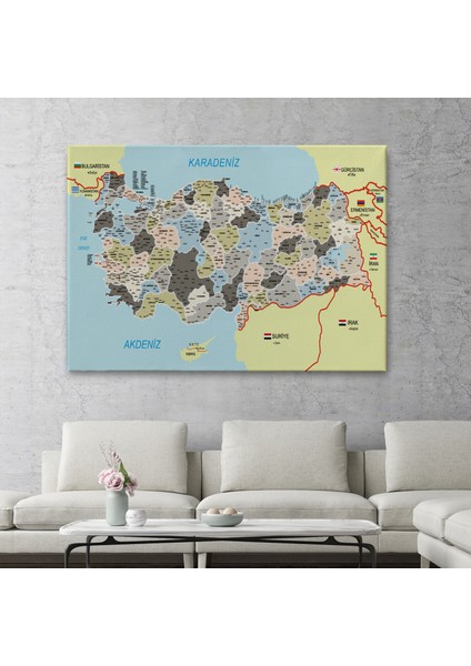 Türkiye Haritası Kanvas Tablo Il ve Ilçeli Ayrıntılı Eğitici Komşulu Tablo 3013 fiyatları