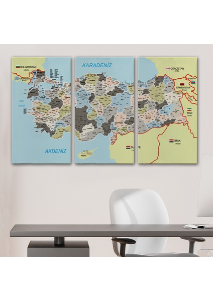 Türkiye Haritası Kanvas Tablo Il ve Ilçeli Ayrıntılı Eğitici Komşulu Tablo 3013 modelleri