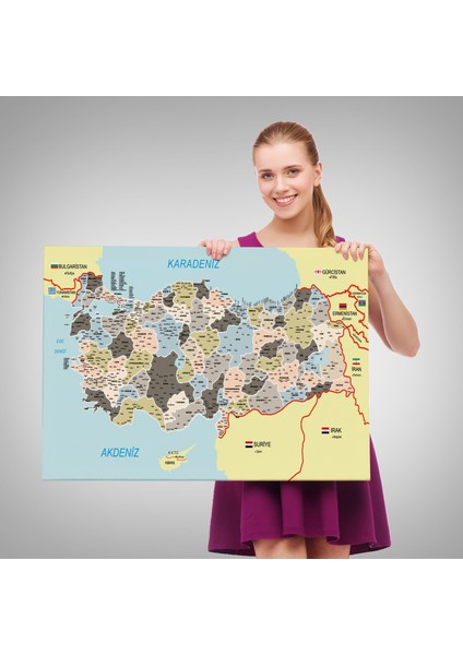 Türkiye Haritası Kanvas Tablo Il ve Ilçeli Ayrıntılı Eğitici Komşulu Tablo 3013 fırsatları