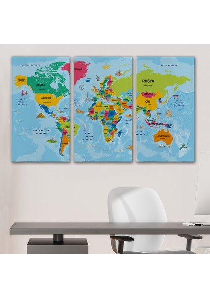 Türkçe Dünya Haritası Sembollü ve Okyanuslu Dekoratif Kanvas Tablo 2472 modelleri