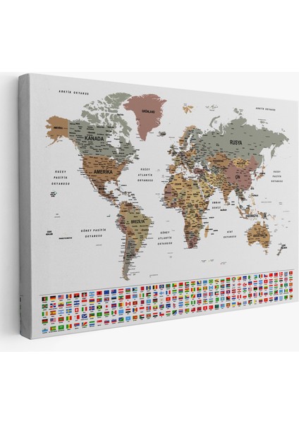 Türkçe Dünya Haritası Son Derece Ayrıntılı Eğitici ve Bayraklı Kanvas Tablo 2809