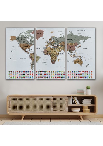 Türkçe Dünya Haritası Son Derece Ayrıntılı Eğitici ve Bayraklı Kanvas Tablo 2809 modelleri