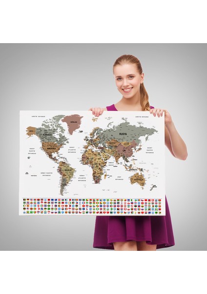 Türkçe Dünya Haritası Son Derece Ayrıntılı Eğitici ve Bayraklı Kanvas Tablo 2809 fırsatları