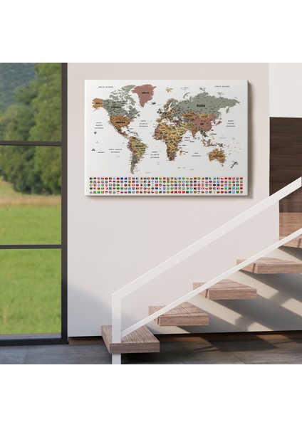 Türkçe Dünya Haritası Son Derece Ayrıntılı Eğitici ve Bayraklı Kanvas Tablo 2809 indirimleri