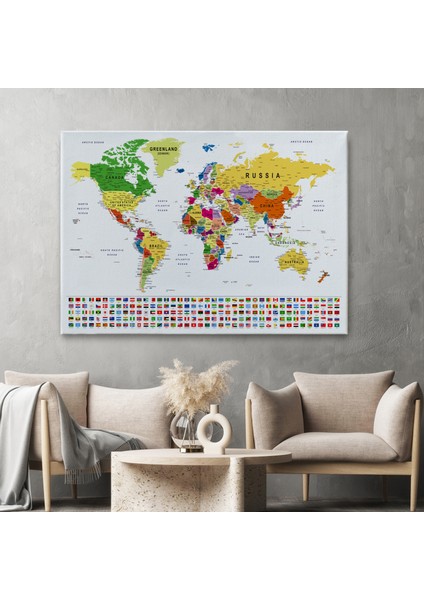 Dünya Haritası Son Derece Ayrıntılı Eğitici ve Bayraklı Dekoratif Kanvas Tablo 3256 fiyatları