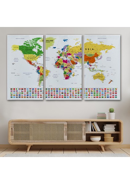Dünya Haritası Son Derece Ayrıntılı Eğitici ve Bayraklı Dekoratif Kanvas Tablo 3256 modelleri