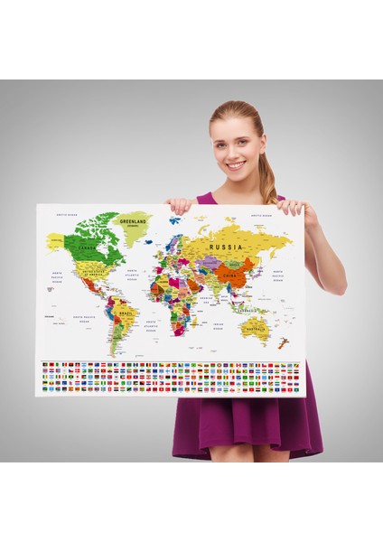 Dünya Haritası Son Derece Ayrıntılı Eğitici ve Bayraklı Dekoratif Kanvas Tablo 3256 fırsatları
