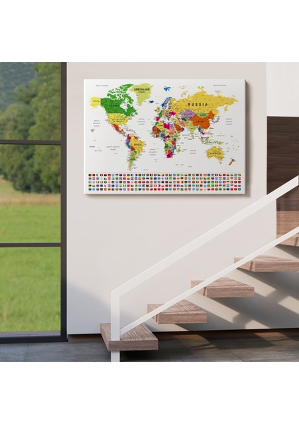 Dünya Haritası Son Derece Ayrıntılı Eğitici ve Bayraklı Dekoratif Kanvas Tablo 3256 indirimleri