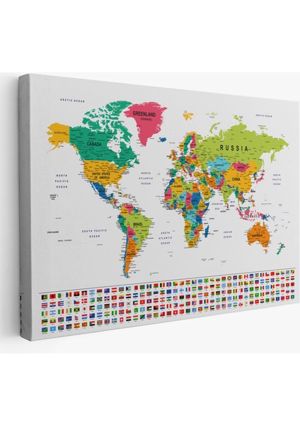 Dünya Haritası Son Derece Ayrıntılı Eğitici ve Bayraklı Dekoratif Kanvas Tablo 2798