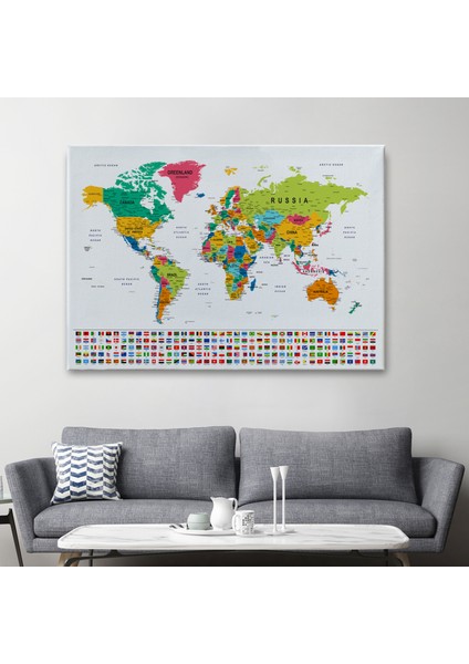 Dünya Haritası Son Derece Ayrıntılı Eğitici ve Bayraklı Dekoratif Kanvas Tablo 2798 fiyatları