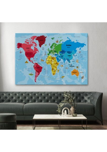 Türkçe Dünya Haritası Sembollü ve Okyanuslu Dekoratif Kanvas Tablo 2480 fiyatları