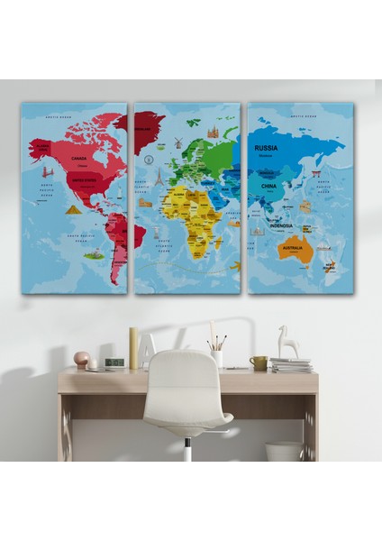 Türkçe Dünya Haritası Sembollü ve Okyanuslu Dekoratif Kanvas Tablo 2480 modelleri