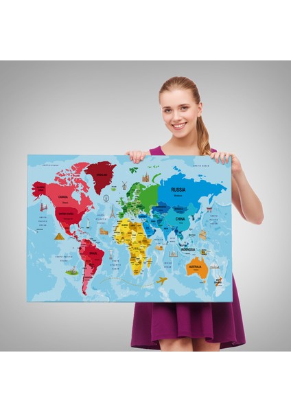 Türkçe Dünya Haritası Sembollü ve Okyanuslu Dekoratif Kanvas Tablo 2480 fırsatları