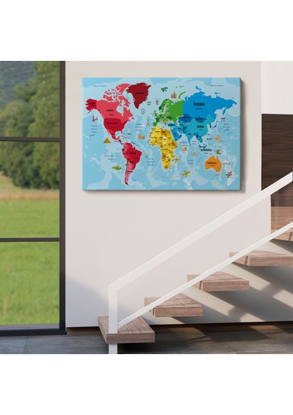 Türkçe Dünya Haritası Sembollü ve Okyanuslu Dekoratif Kanvas Tablo 2480 indirimleri