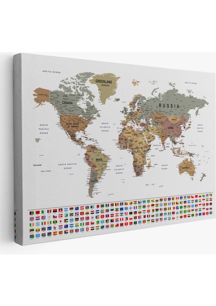Dünya Haritası Son Derece Ayrıntılı Eğitici ve Bayraklı Dekoratif Kanvas TABLO2808