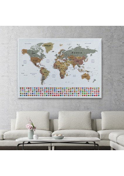 Dünya Haritası Son Derece Ayrıntılı Eğitici ve Bayraklı Dekoratif Kanvas TABLO2808 fiyatları