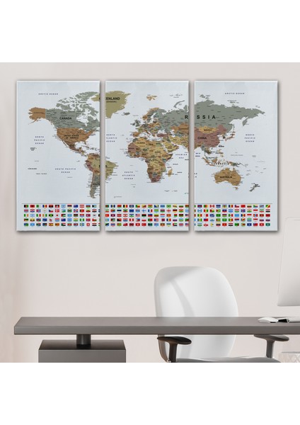 Dünya Haritası Son Derece Ayrıntılı Eğitici ve Bayraklı Dekoratif Kanvas TABLO2808 modelleri