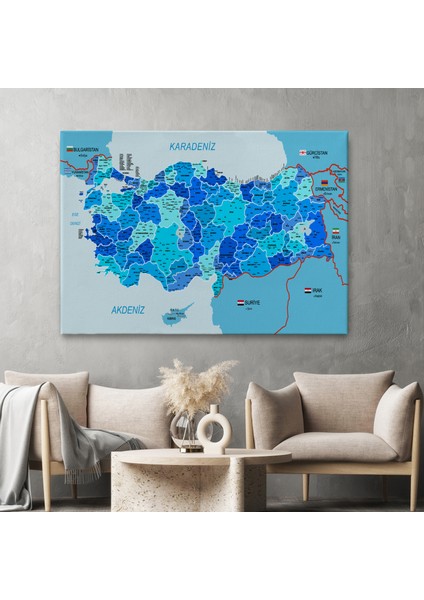 Türkiye Haritası Kanvas Tablo Il ve Ilçeli Ayrıntılı Eğitici Komşulu Tablo 3002 fiyatları