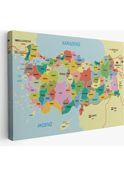 Türkiye Haritası Kanvas Tablo Sınır Komşulu Eğitici Dekoratif Tablo 3096