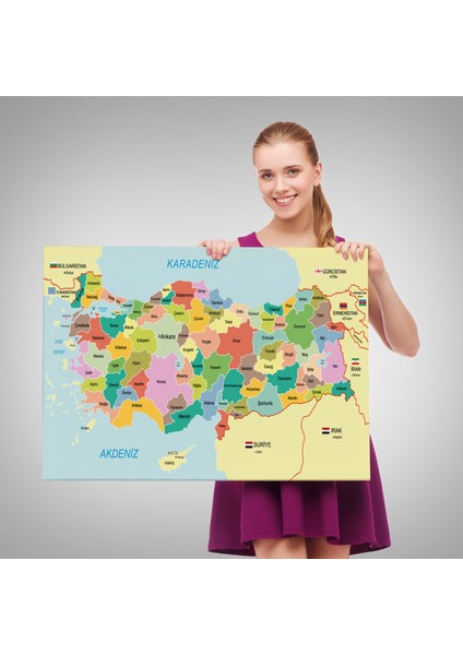 Türkiye Haritası Kanvas Tablo Sınır Komşulu Eğitici Dekoratif Tablo 3096 fırsatları