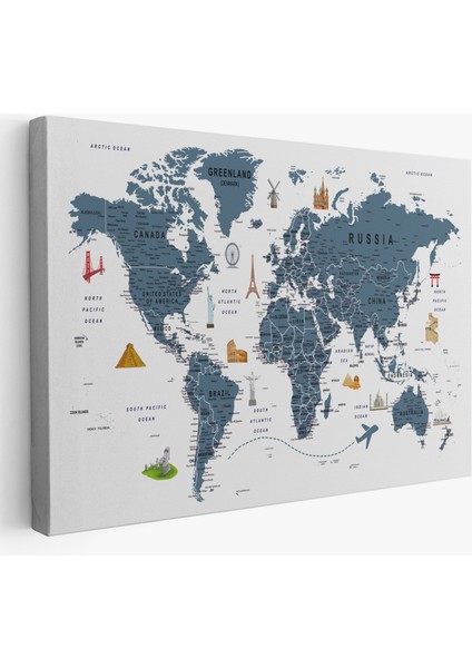 Dünya Haritası Son Derece Ayrıntılı Eğitici ve Sembollü Kanvas Tablo 3187