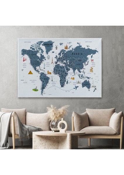 Dünya Haritası Son Derece Ayrıntılı Eğitici ve Sembollü Kanvas Tablo 3187 fiyatları