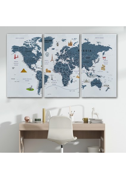 Dünya Haritası Son Derece Ayrıntılı Eğitici ve Sembollü Kanvas Tablo 3187 modelleri