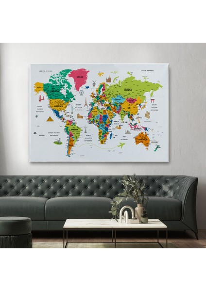 Türkçe Dünya Haritası Son Derece Ayrıntılı Eğitici ve Sembollü Kanvas Tablo 3216 fiyatları