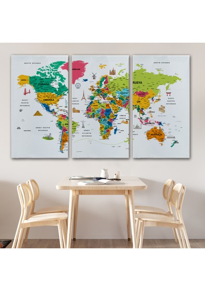 Türkçe Dünya Haritası Son Derece Ayrıntılı Eğitici ve Sembollü Kanvas Tablo 3216 modelleri