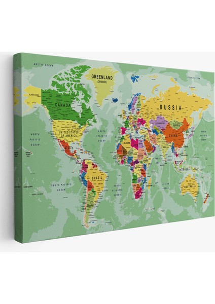Dünya Haritası Son Derece Ayrıntılı Eğitici Okyanuslu Dekoratif Kanvas Tablo 2511