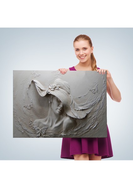 Kabartma Görünümlü Şapkalı Kadın Kanvas Duvar Tablosu -3424 fırsatları