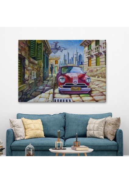 Eski Kırmızı Araba Yağlıboya Görünüm Dekoratif Duvar TABLO-3433 fiyatları