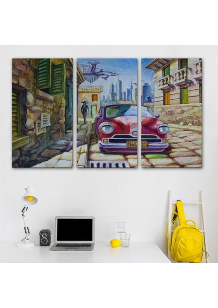 Eski Kırmızı Araba Yağlıboya Görünüm Dekoratif Duvar TABLO-3433 modelleri