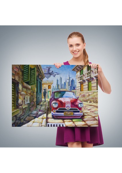 Eski Kırmızı Araba Yağlıboya Görünüm Dekoratif Duvar TABLO-3433 fırsatları