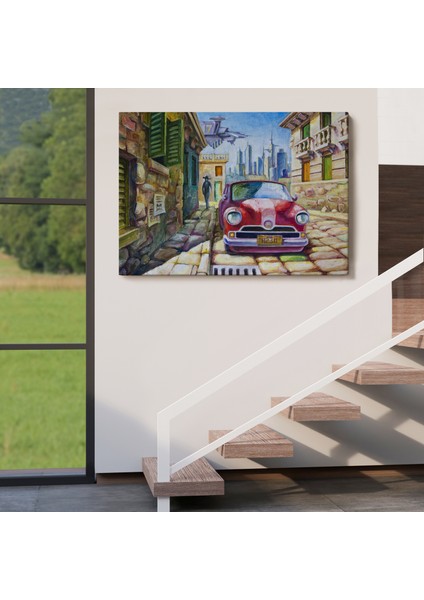 Eski Kırmızı Araba Yağlıboya Görünüm Dekoratif Duvar TABLO-3433 indirimleri