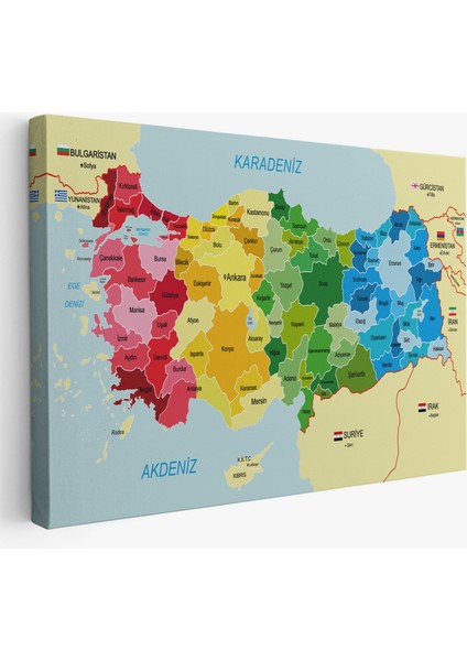Türkiye Haritası Kanvas Tablo Sınır Komşulu Eğitici Dekoratif Tablo 3105