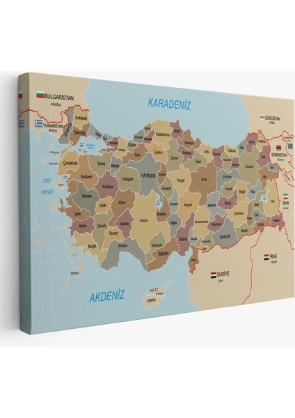 Türkiye Haritası Kanvas Tablo Sınır Komşulu Eğitici Dekoratif Tablo 3106