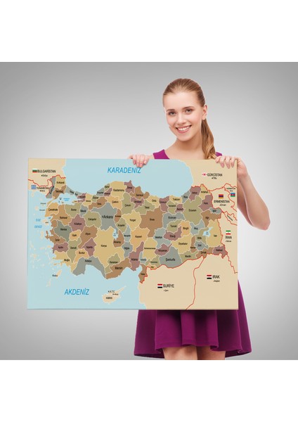Türkiye Haritası Kanvas Tablo Sınır Komşulu Eğitici Dekoratif Tablo 3106 fırsatları