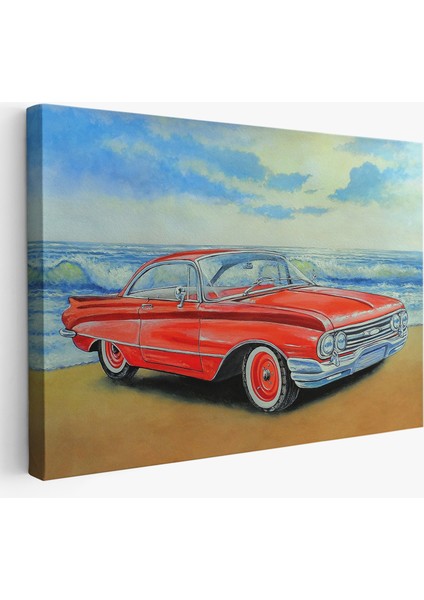 Kızmızı Retro Araba Yağlıboya Görünüm Dekoratif Kanvas Duvar TABLOSU-3499