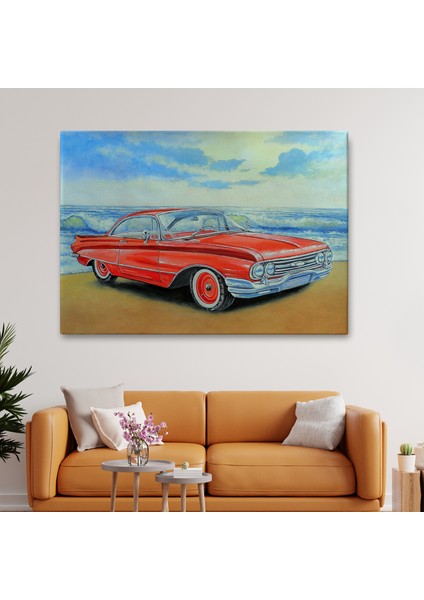 Kızmızı Retro Araba Yağlıboya Görünüm Dekoratif Kanvas Duvar TABLOSU-3499 fiyatları