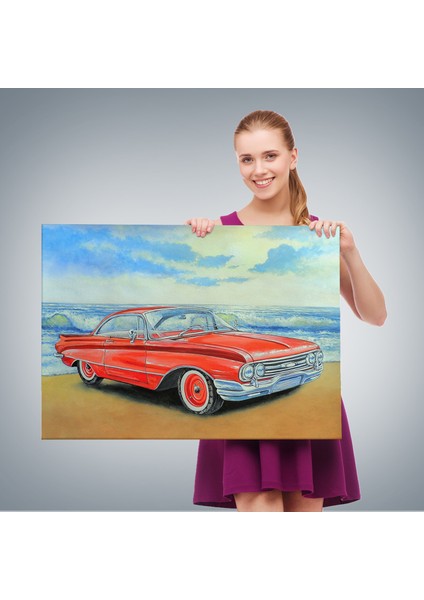Kızmızı Retro Araba Yağlıboya Görünüm Dekoratif Kanvas Duvar TABLOSU-3499 fırsatları