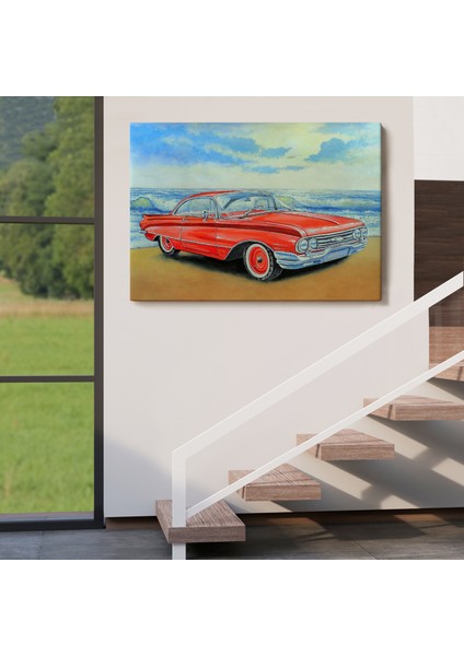Kızmızı Retro Araba Yağlıboya Görünüm Dekoratif Kanvas Duvar TABLOSU-3499 indirimleri