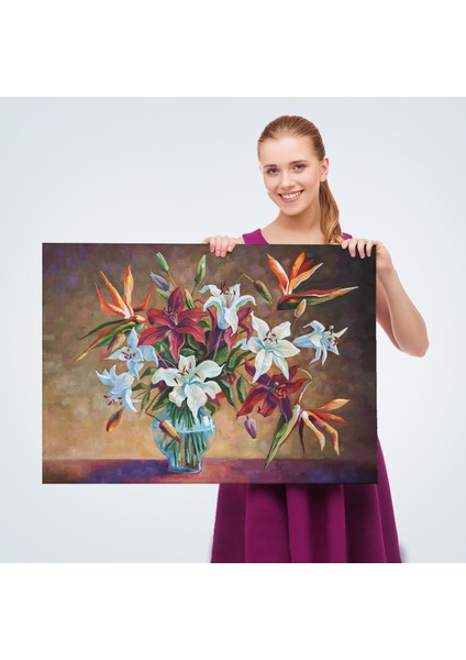 Zambak Çiçekleri Yağlıboya Görünüm Dekoratif Kanvas Duvar TABLOSU-3602 fırsatları