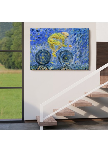 Yağmurda Süren Bisikletçi Yağlıboya Görünüm Dekoratif Kanvas Duvar TABLOSU-3609 indirimleri