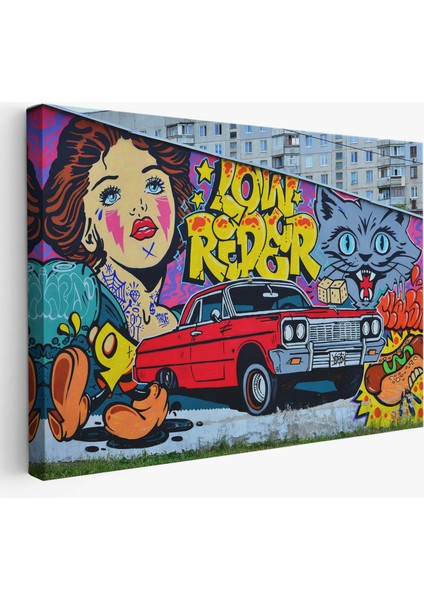 Grafiti Ile Yapilmiş Retro Kırmızı Araba Kanvas TABLO-5027