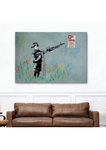 Bansky'nin Makineli Tüfekli Çocuk Isimli Eseri Kanvas Tablo, No PARKING-5008